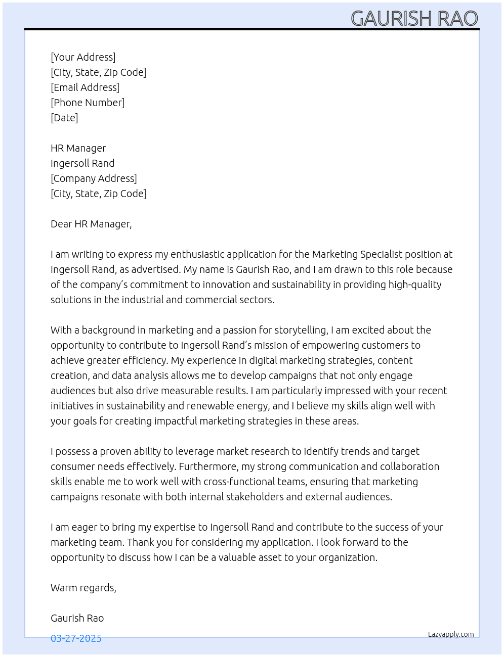 Marketing specialist At Ingersoll Rand Cover Letter