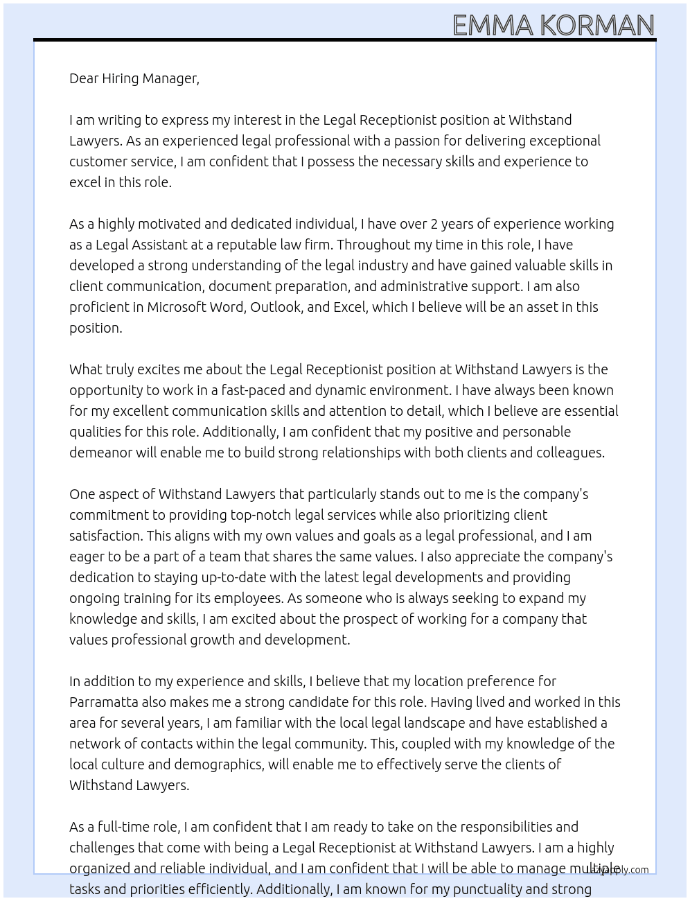 Legal Receptionist At Withstand Lawyers Cover Letter