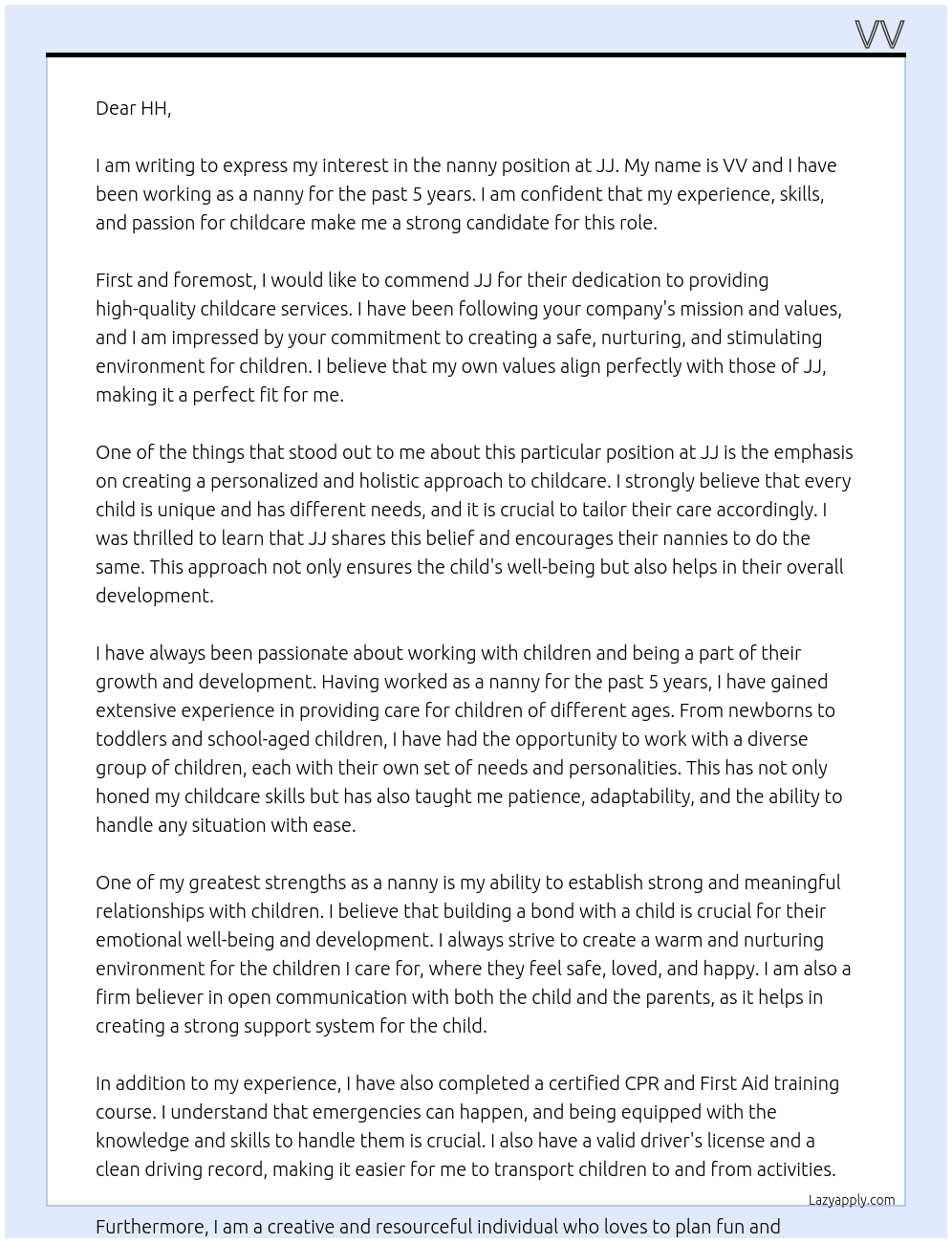 nanny At jj Cover Letter