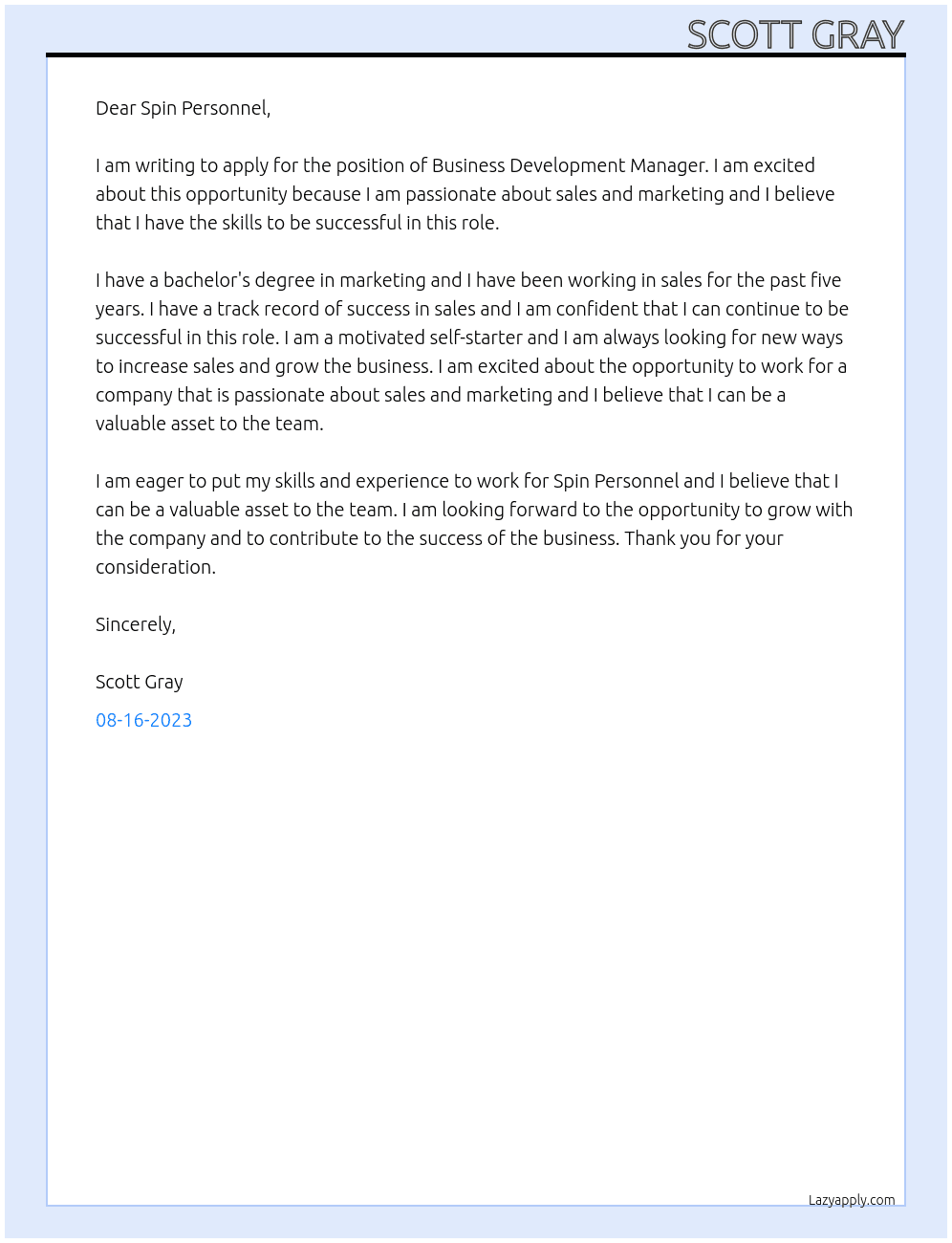 Business Development Manager At Spin Personnel Cover Letter