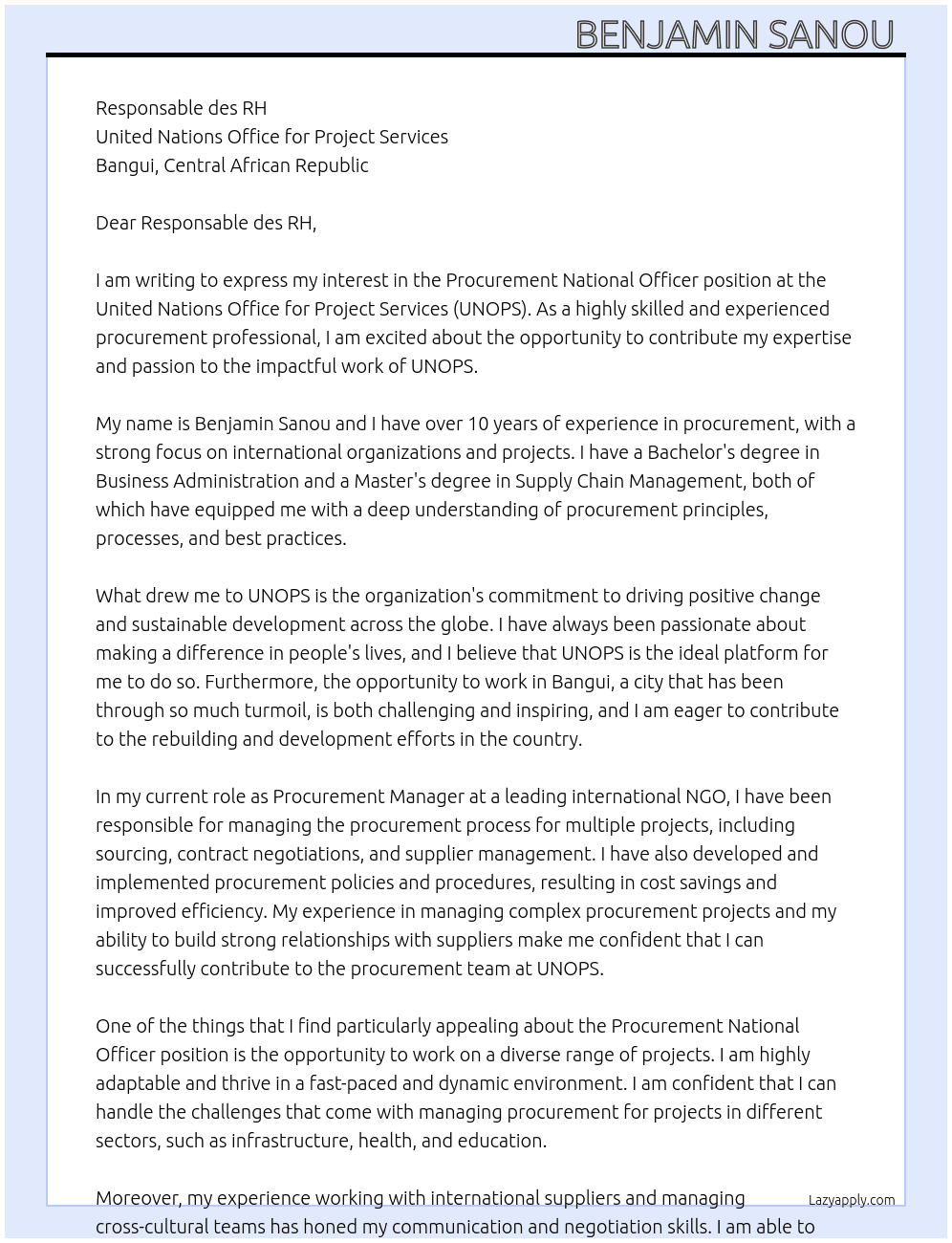 Procurement National Officer At United Nations Office for Project Services Cover Letter