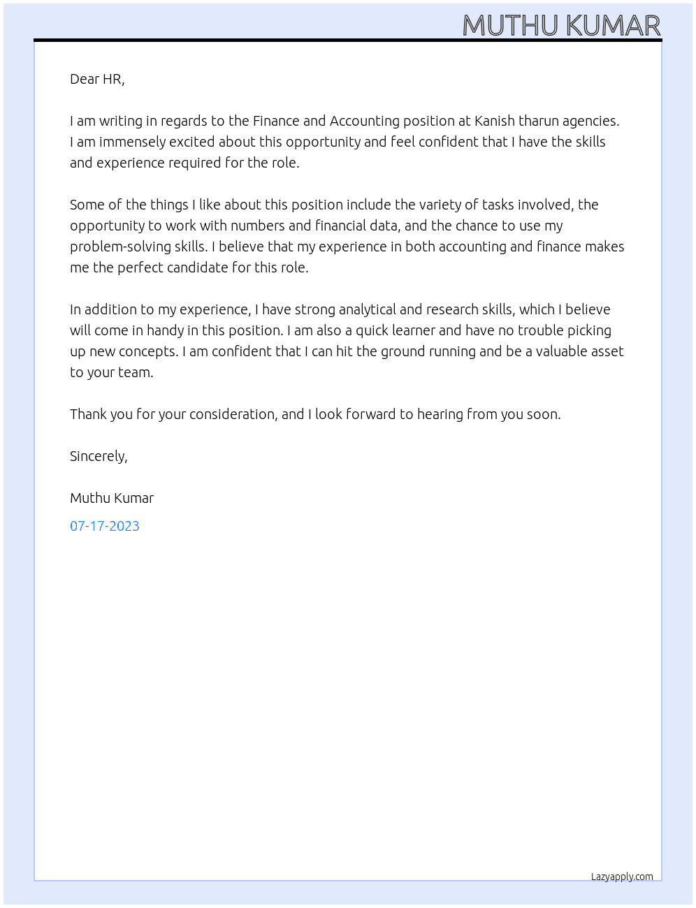 Finance and Accounting At Kanish tharun agencies Cover Letter