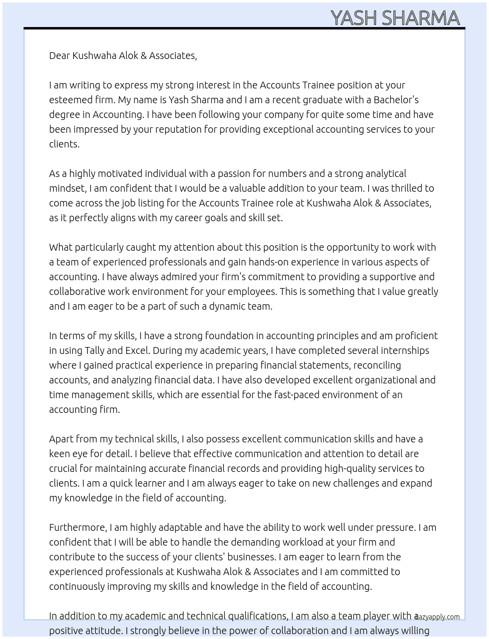 Accounts trainee At Kushwaha Alok & Associates Cover Letter