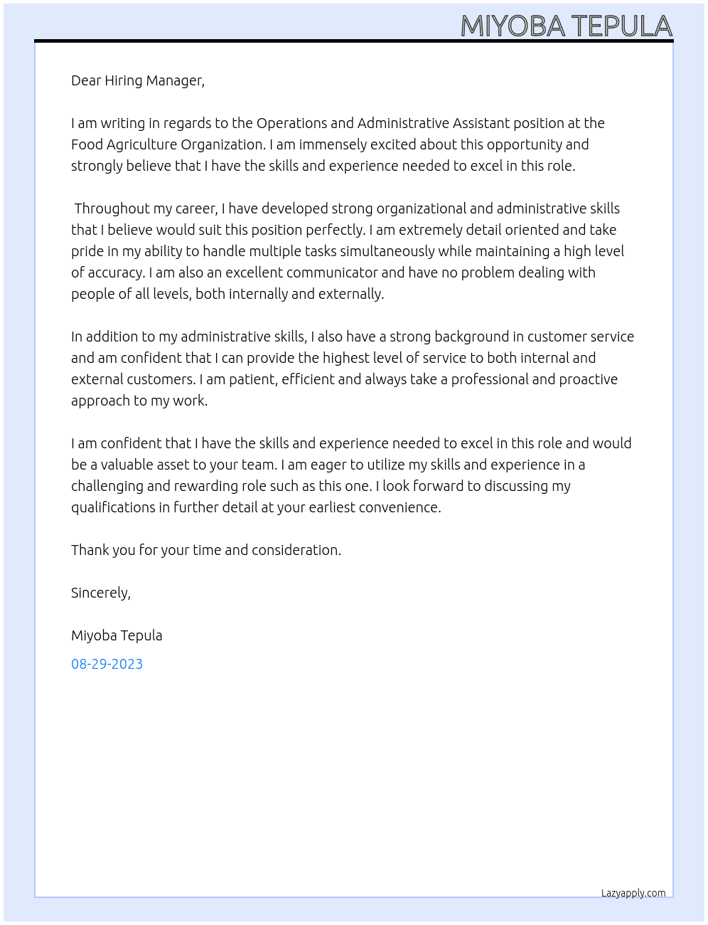 Operations and administrative assistant At Food Agriculture Organization Cover Letter