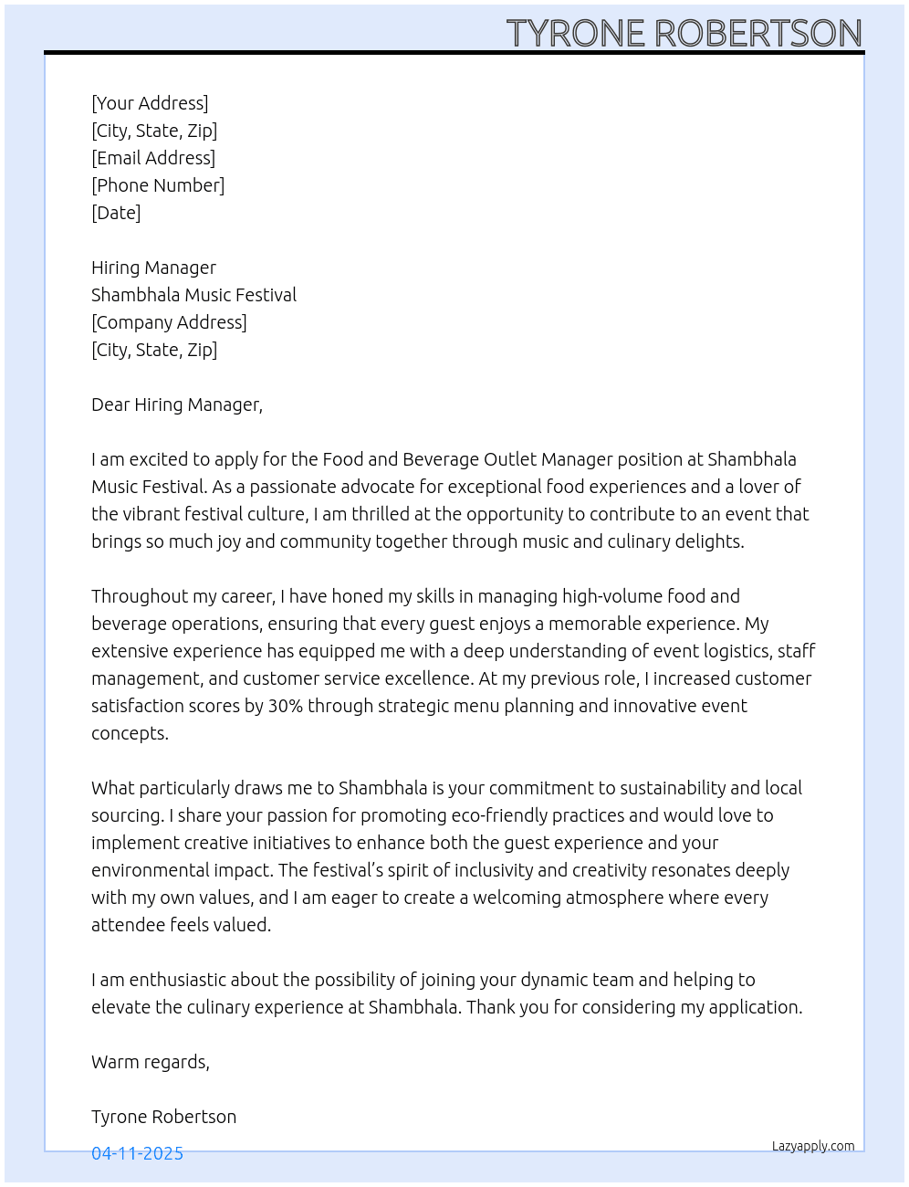 Food and beverage outlet manager At Shambhala Music Festival Cover Letter