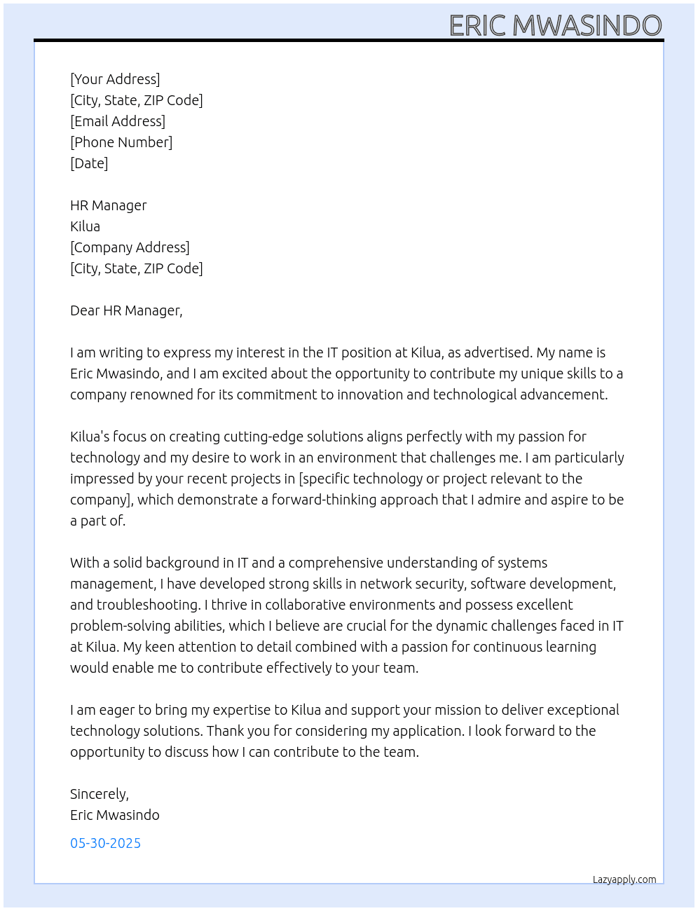 IT  At KILUA Cover Letter