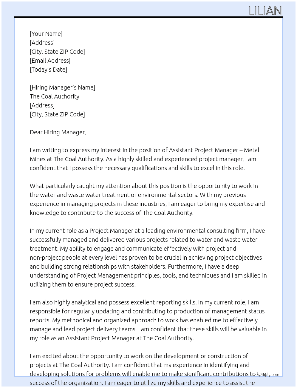 Assistant Project Manager - Metal Mines At The coal authority Cover Letter