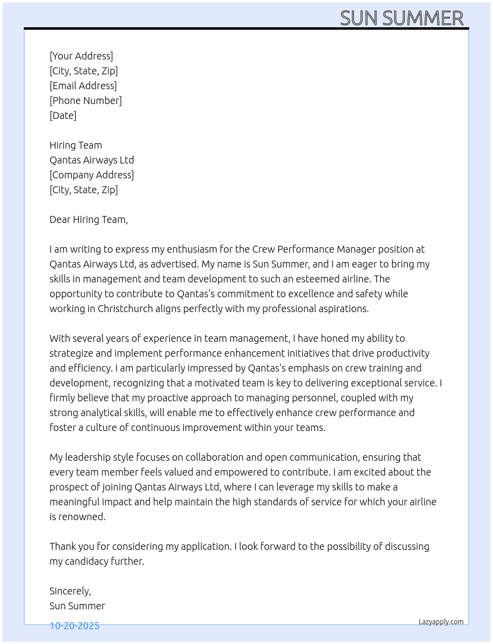 Crew Performance Manager At Qantas Airways Ltd  Cover Letter