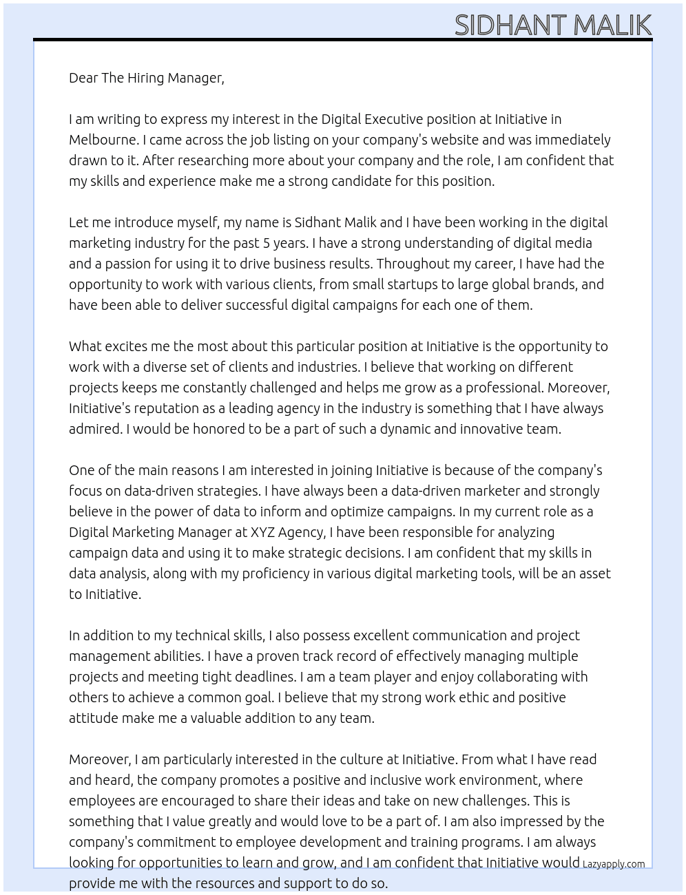 Digital Executive At Initiative  Cover Letter