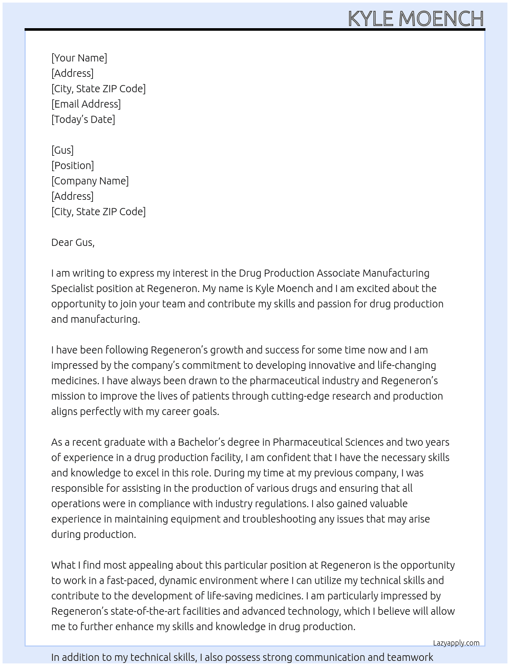 Drug Production, Associate Manufacturing Specialist At Regeneron Cover Letter