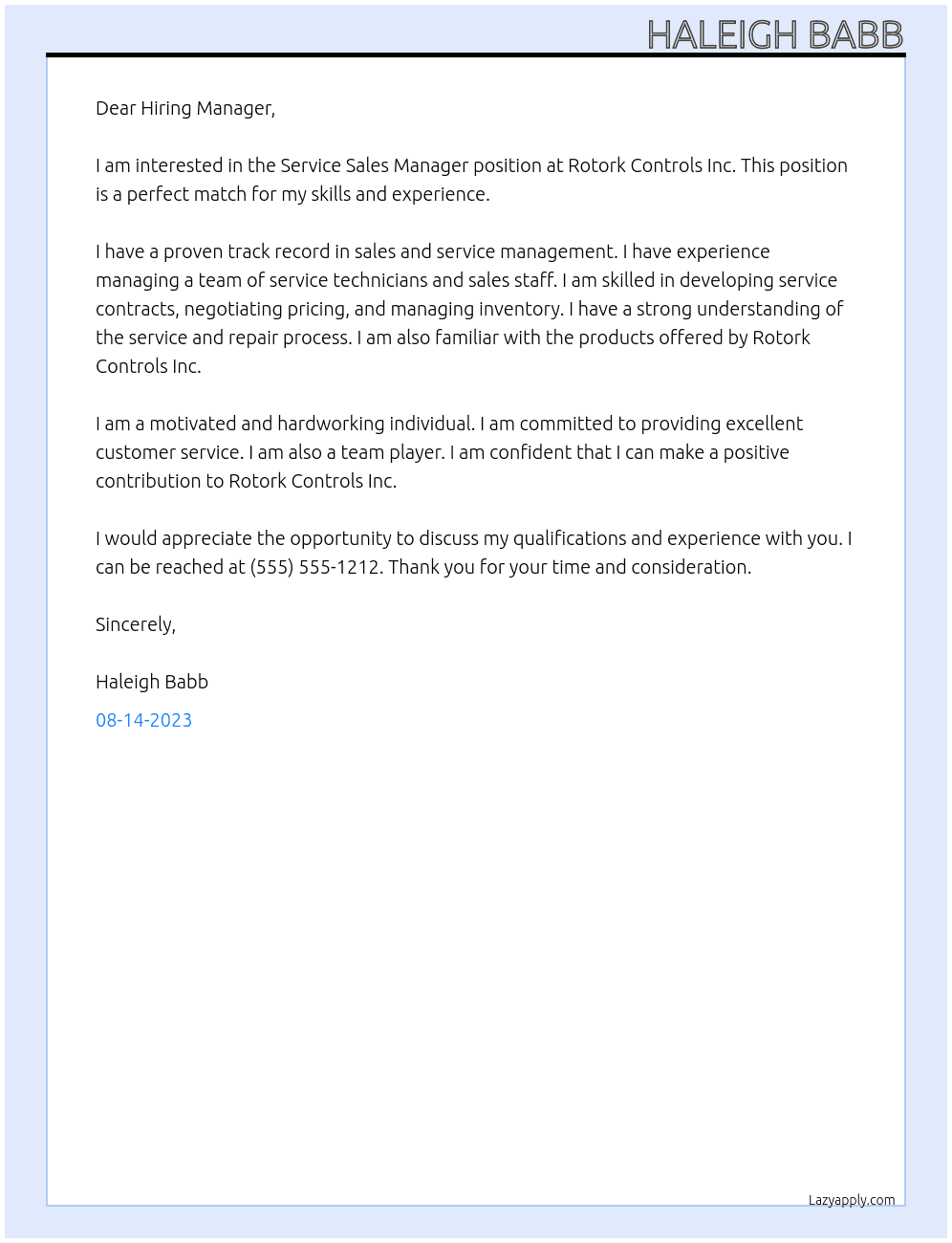 Service Sales Manager At Rotork Controls Inc Cover Letter