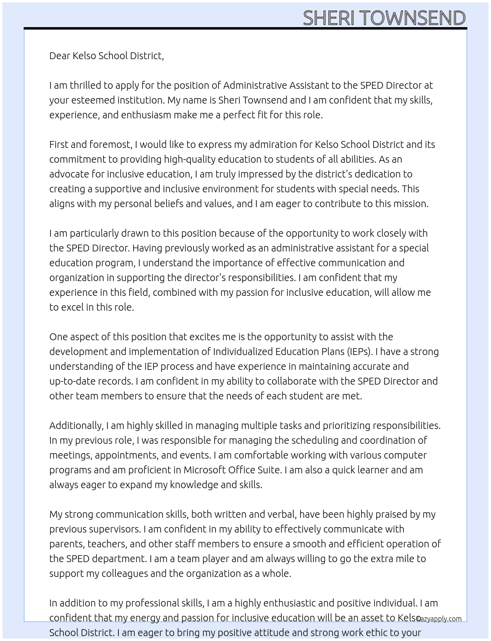 Administrative Assistant to SPED Director At Kelso School District Cover Letter
