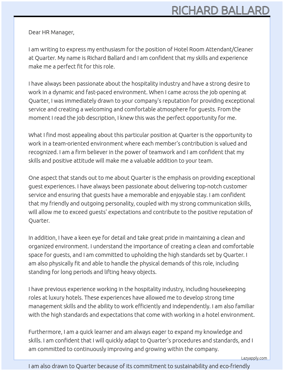 Hotel Room Attendants / Cleaners At Quarter  Cover Letter