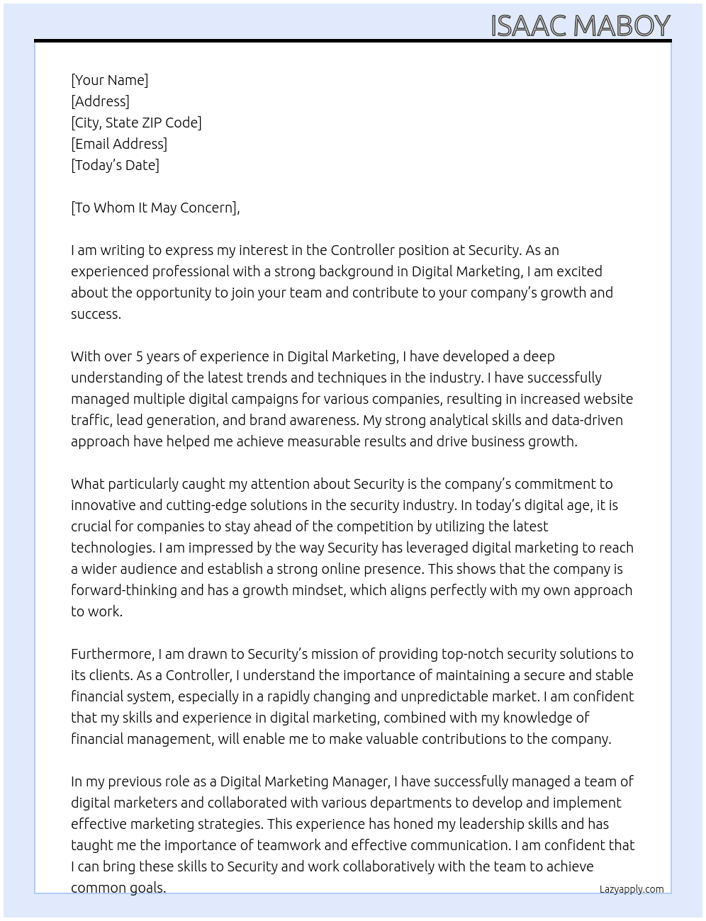 Controller At Security Cover Letter