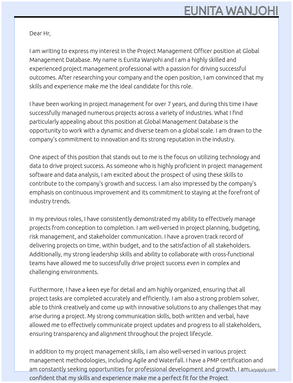 Project management officer  At Global Management database  Cover Letter