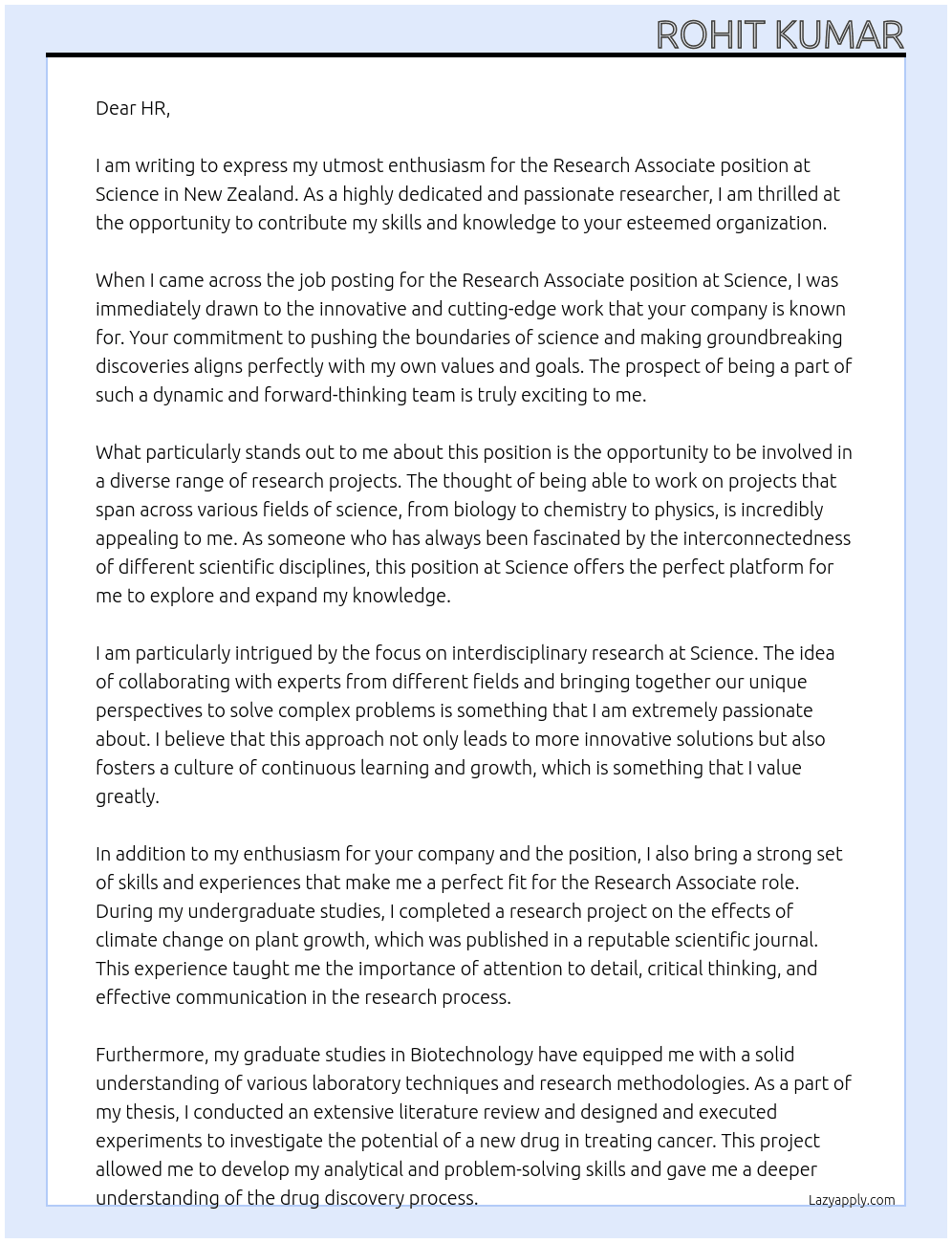 Research Associate At Science, New zealand Cover Letter