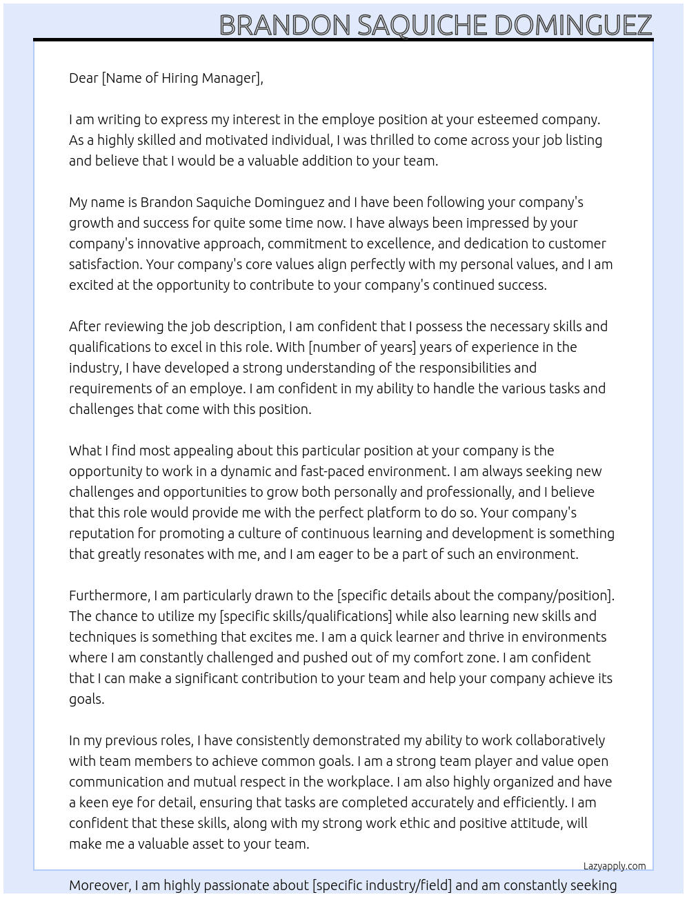 employe At unkown Cover Letter