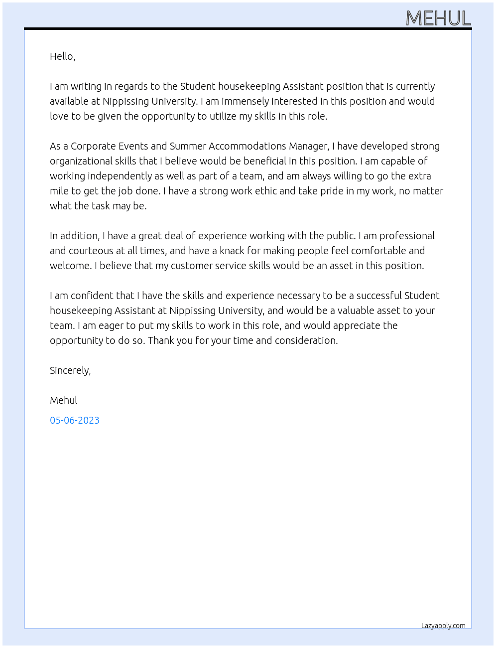 Student housekeeping Assistant At Nippissing University Cover Letter