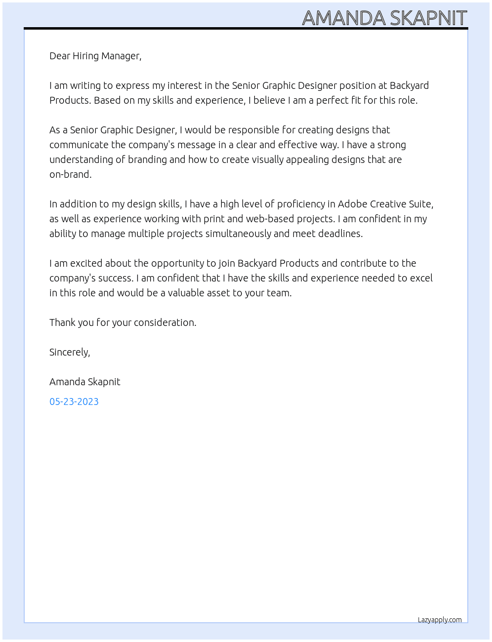 Senior Graphic Designer At Backyard Products Cover Letter