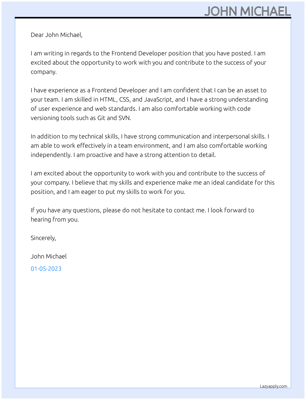 Frontend Developer At John Michael Cover Letter