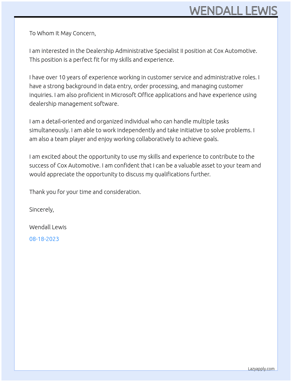 Dealership Administrative Specialist II At Cox automotive Cover Letter