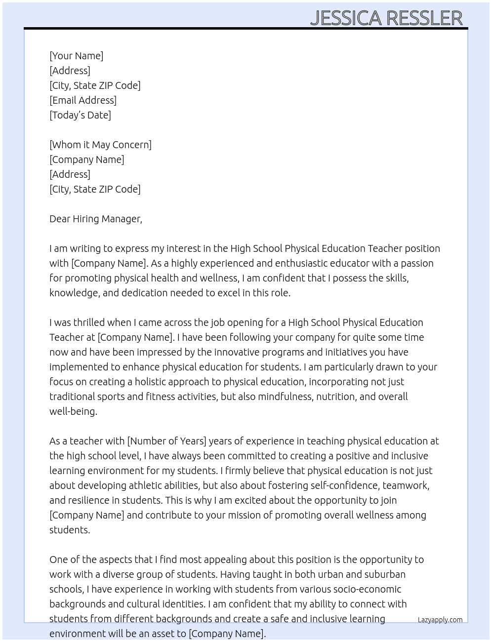 High School Physical Education Teacher  At LCI  Cover Letter