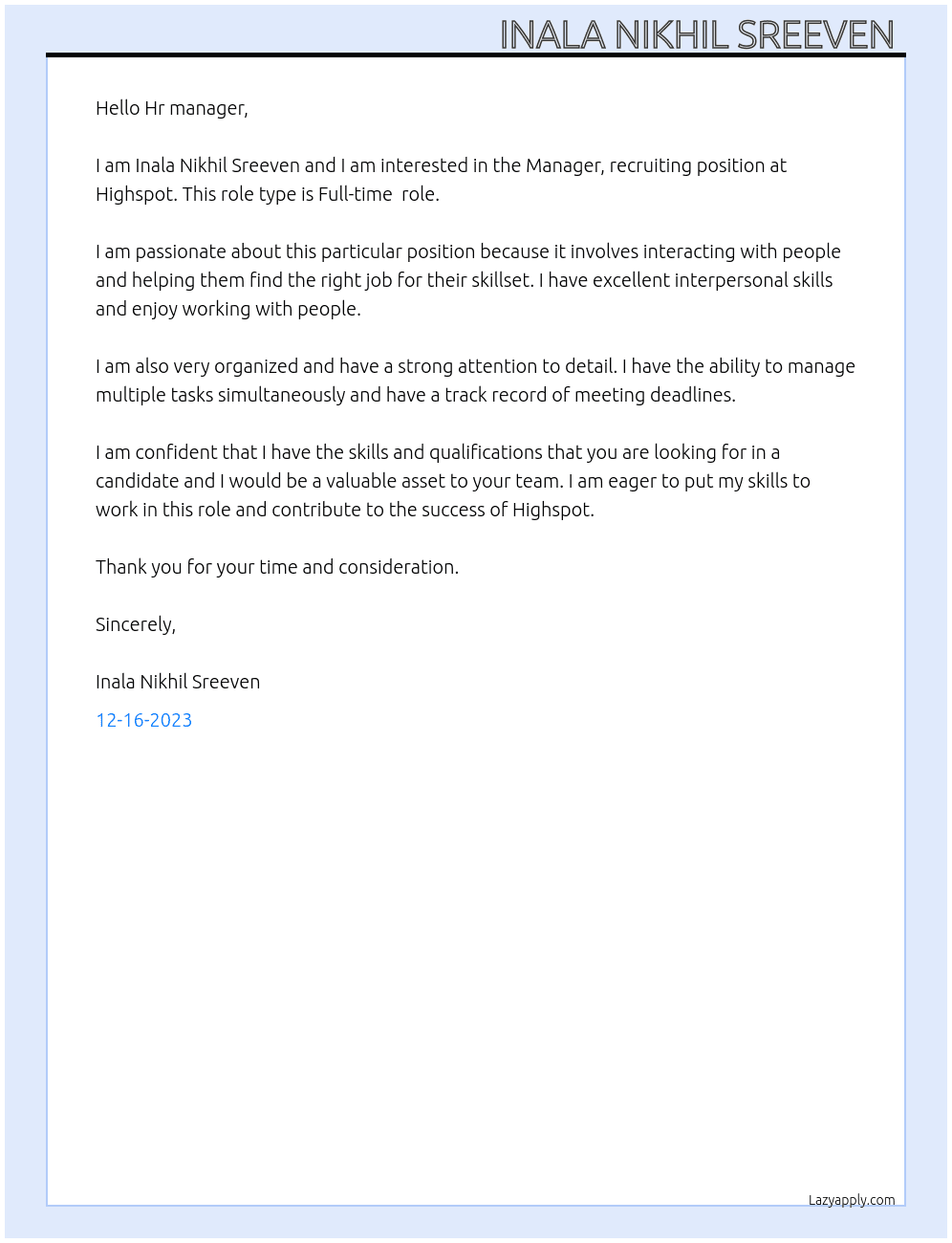 Manager, recruiting  At Highspot Cover Letter