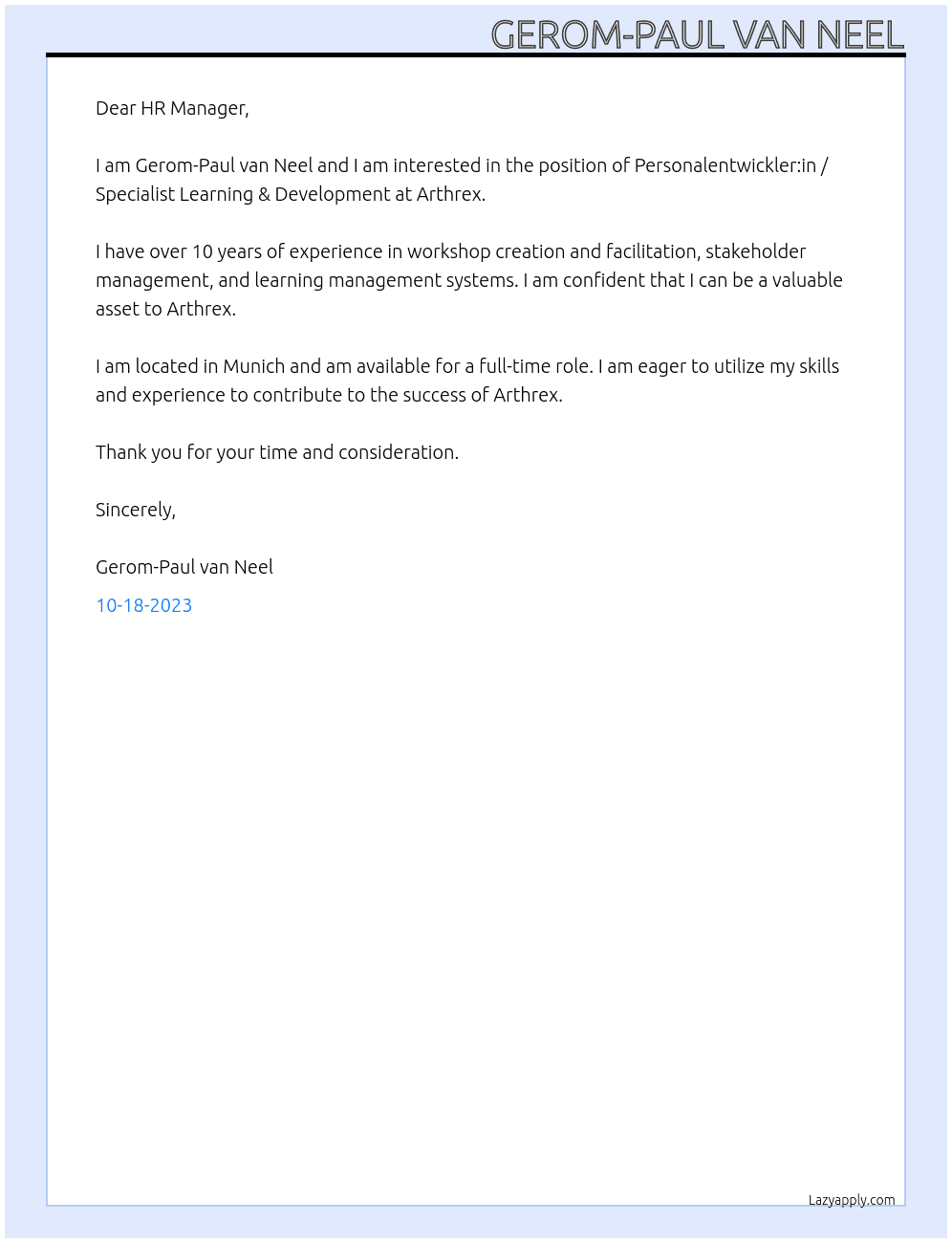 Personalentwickler:in / Specialist Learning & Development At Arthrex Cover Letter