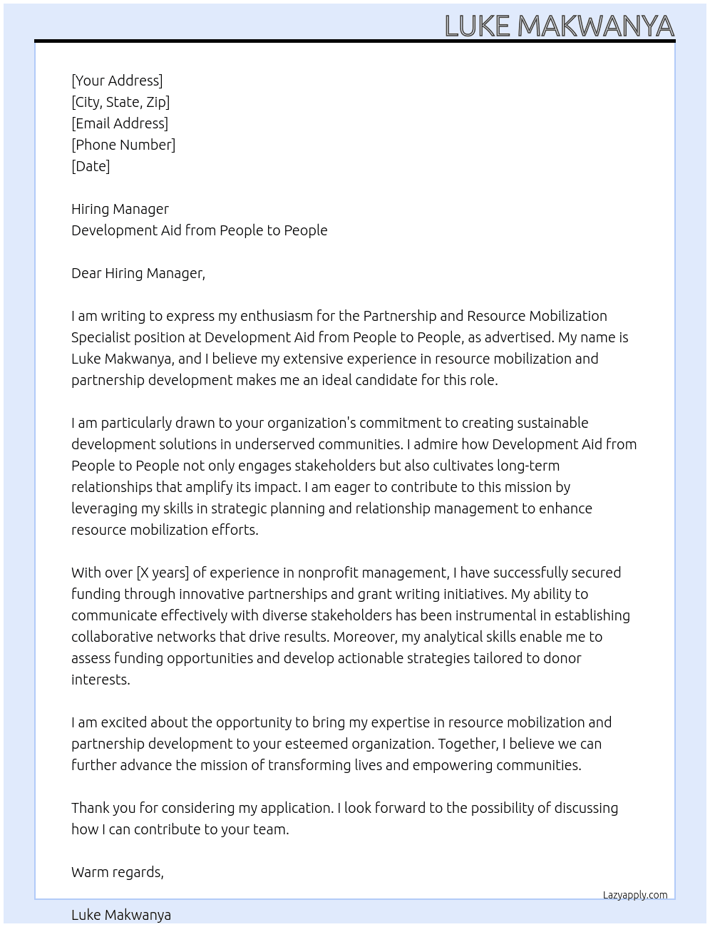 Partnership and Resource Mobilization Specialist At Development Aid from People to People Cover Letter