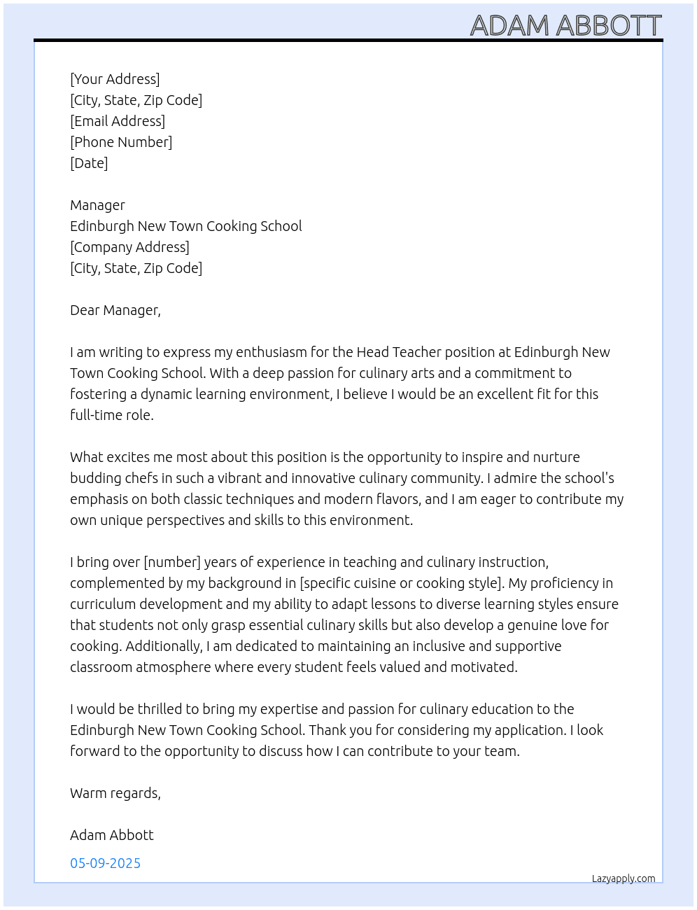 head teacher At Edinburgh new town coooking school Cover Letter