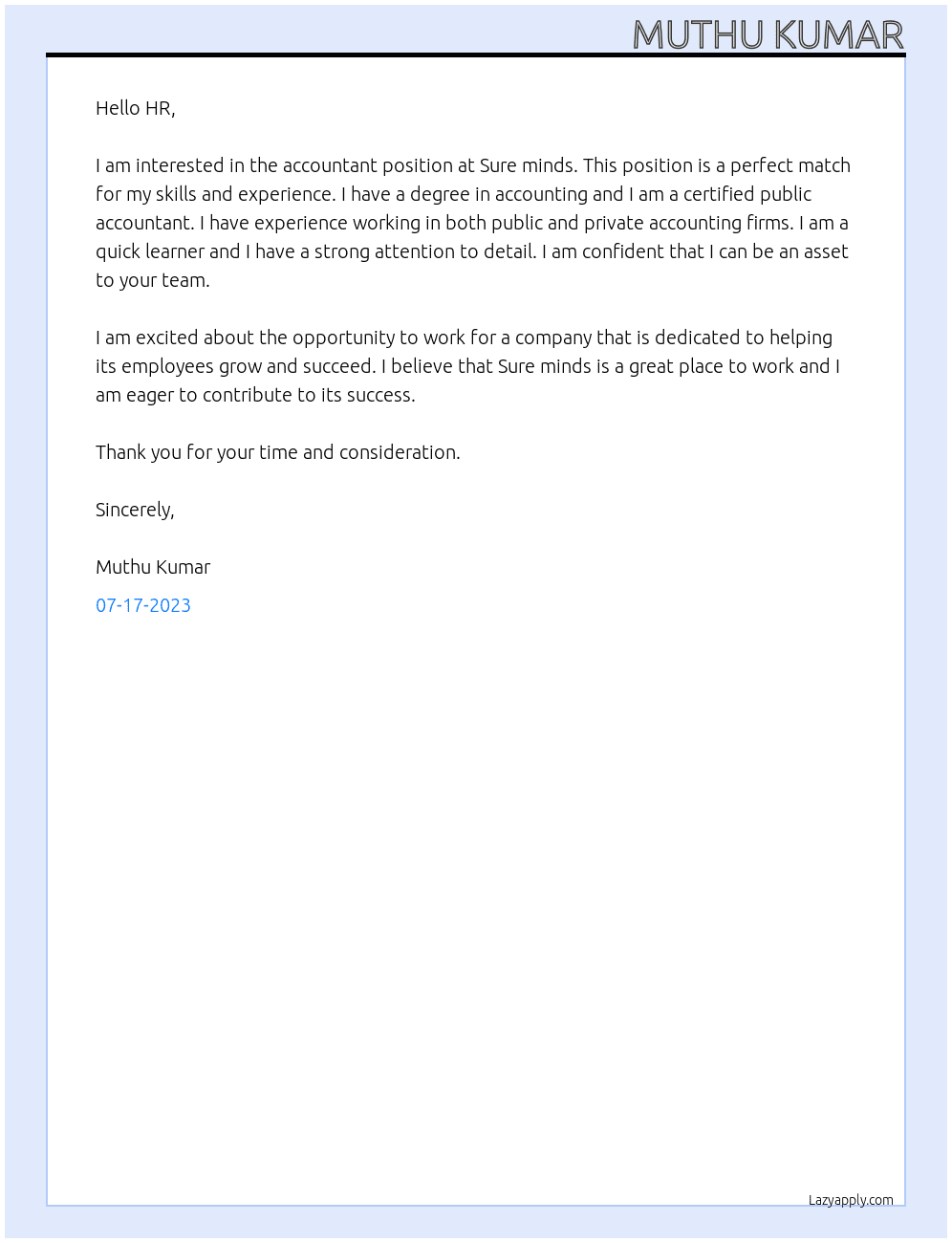 Accountant At Sure minds Cover Letter