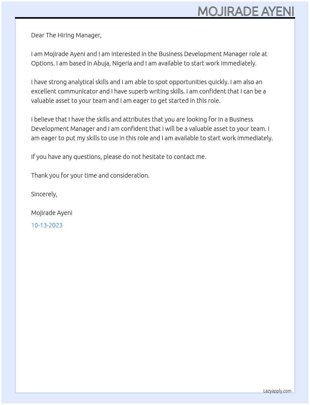 Business Development Manager At Options Cover Letter