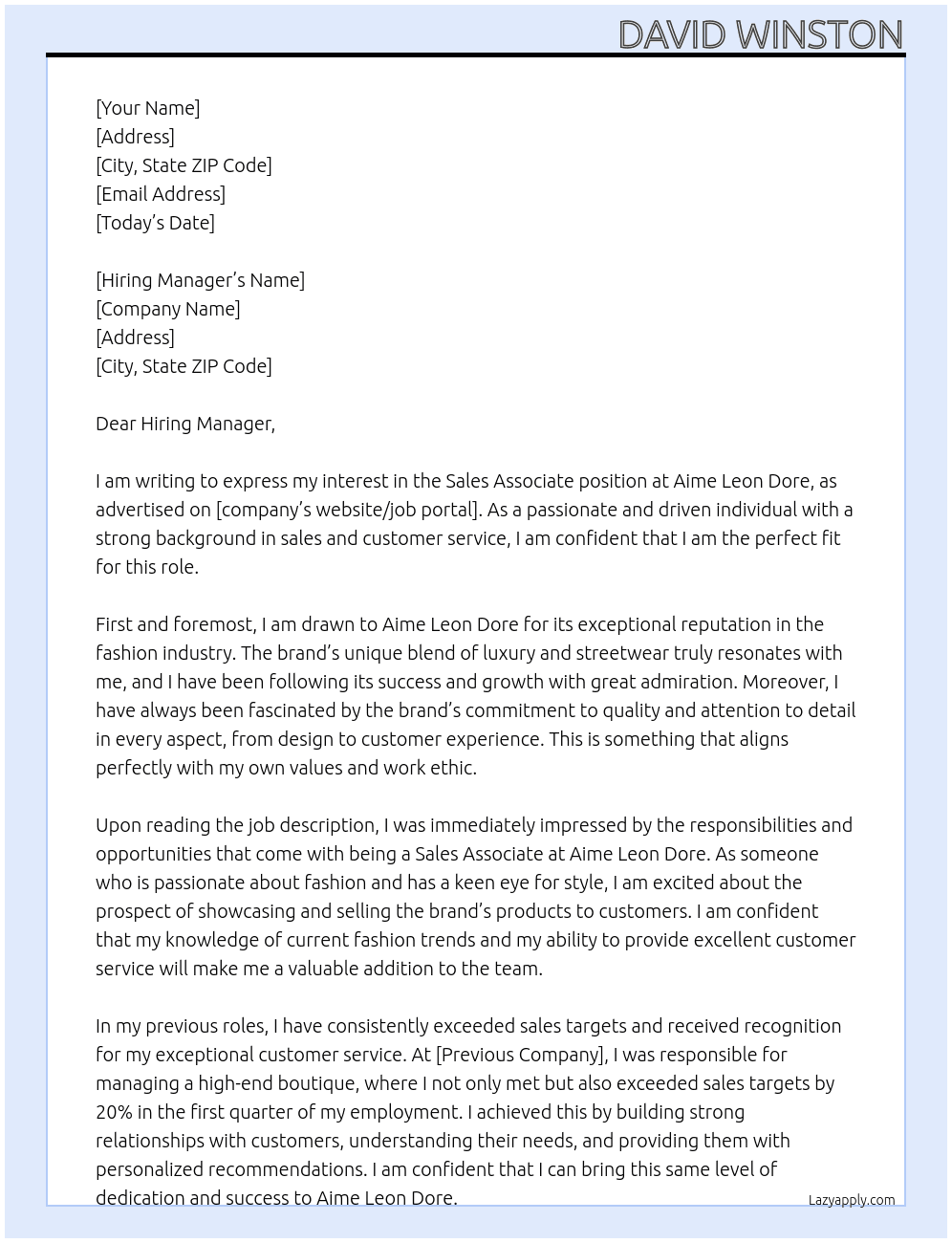 Sales Associate At Aime Leon Dore Cover Letter
