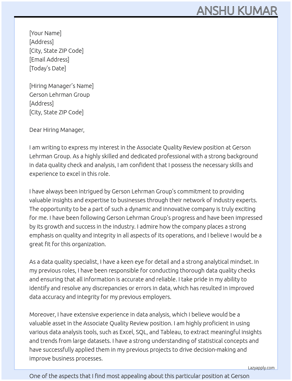 Associate Quality Review At Gerson Lehrman Group Cover Letter