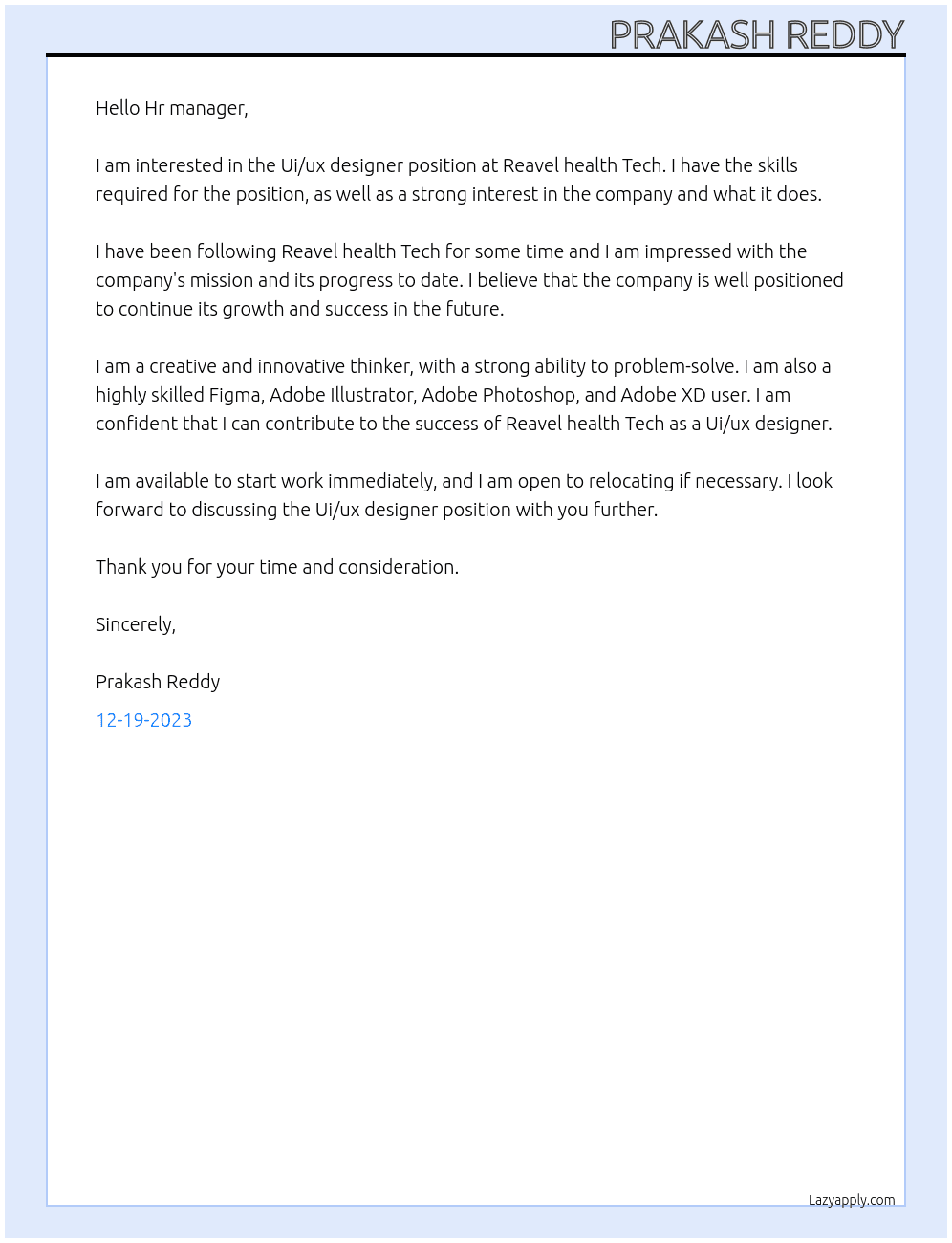 Ui/ux designer  At Reavel health Tech Cover Letter