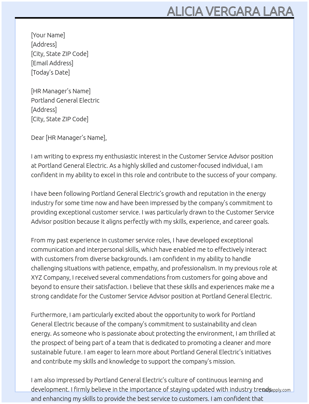 Customer Service Advisor At Portland General Electric Cover Letter