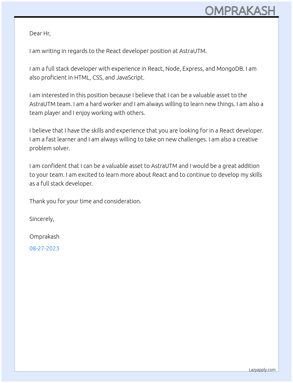 React developer  At AstraUTM Cover Letter