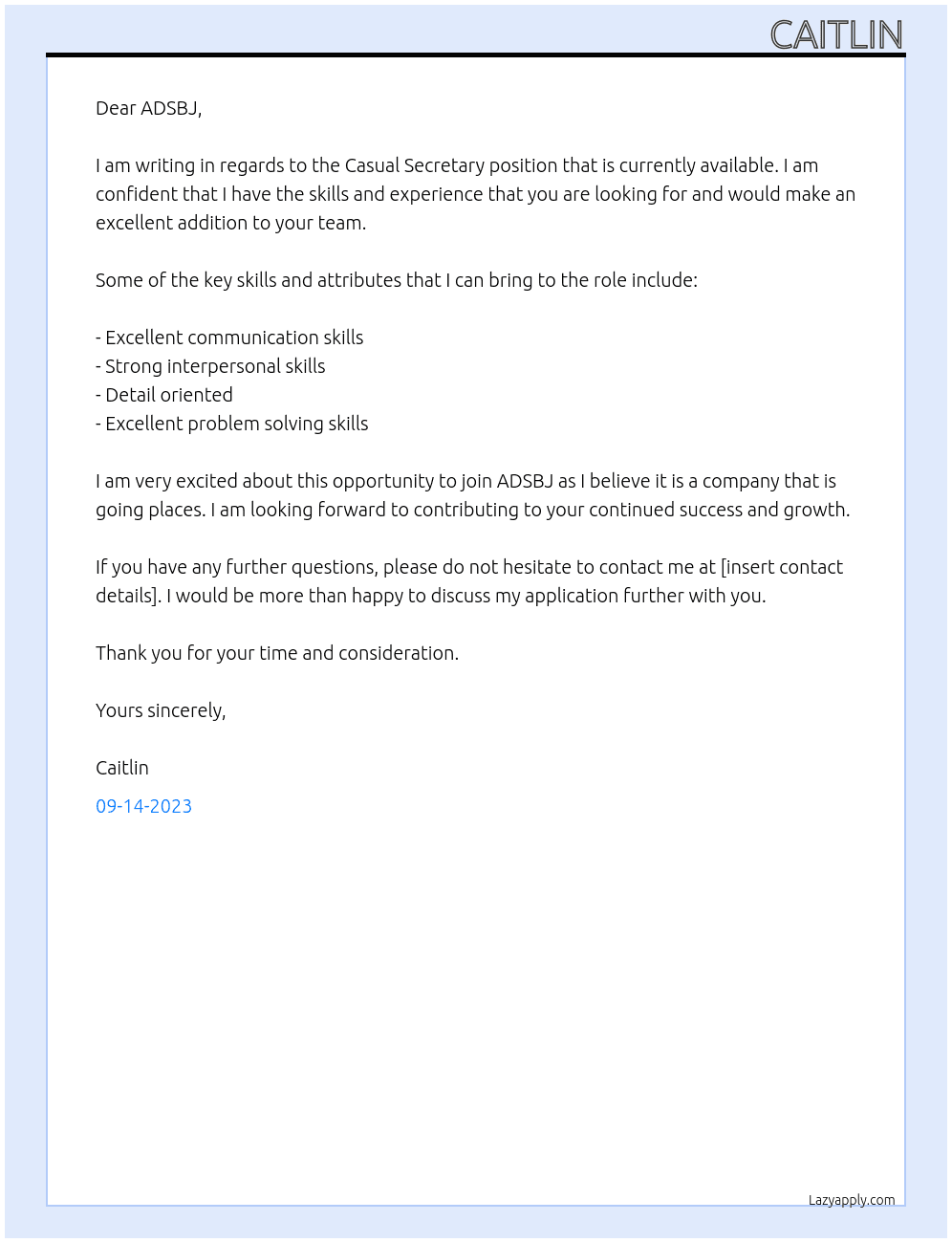 Casual Secretary  At ADSBJ Cover Letter