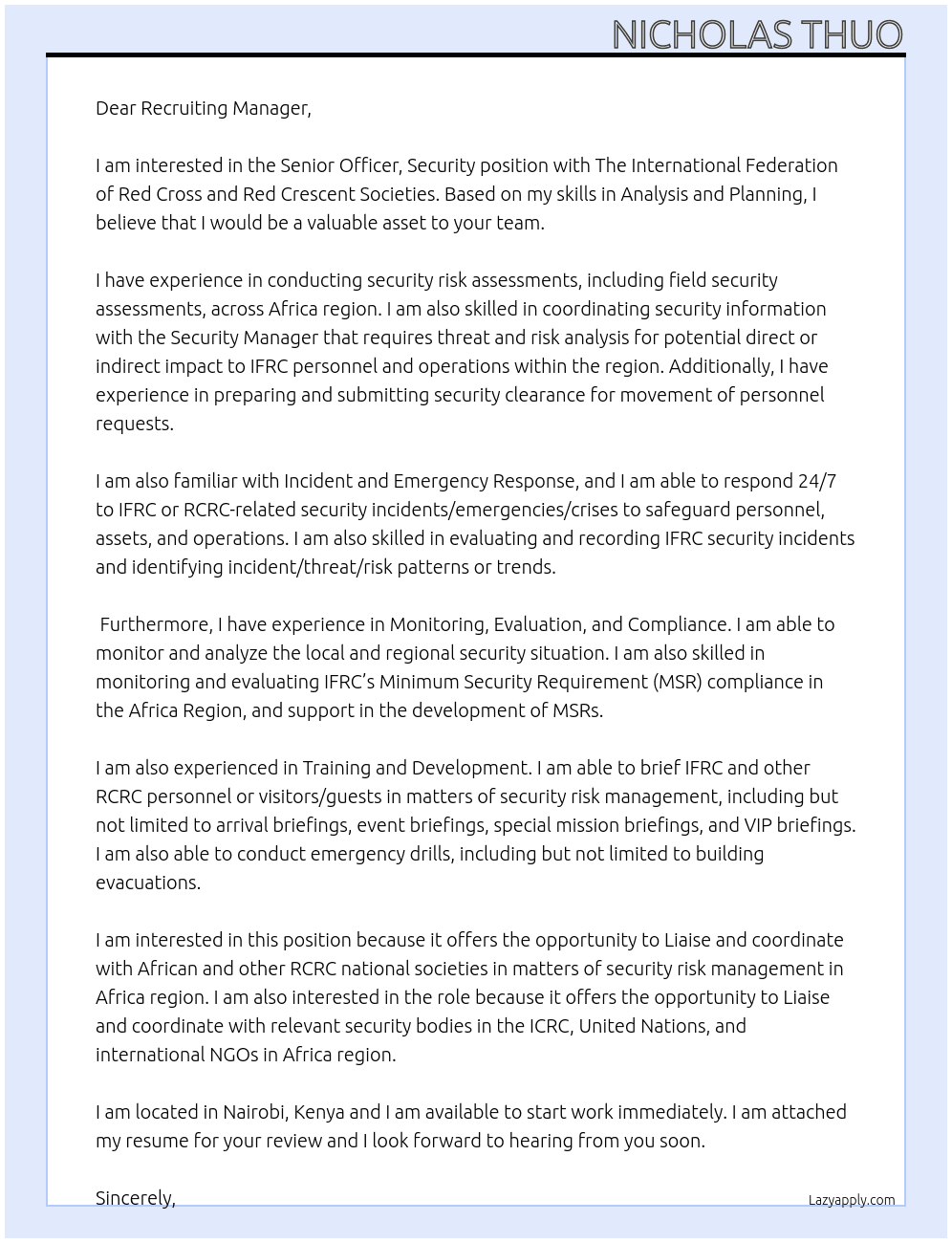 Senior Officer, Security At The International Federation of Red Cross and Red Crescent Societies Cover Letter