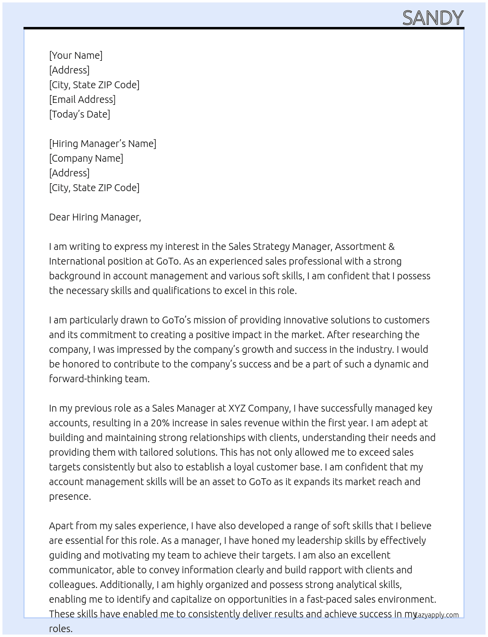 Sales Strategy Manager, Assortment & International At GoTo Cover Letter