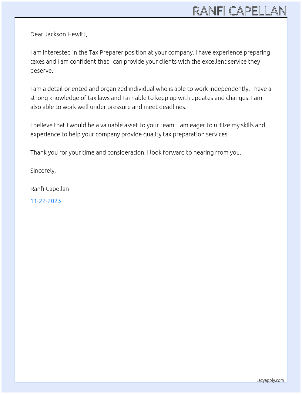 Tax Preparer At Jackson Hewitt Cover Letter