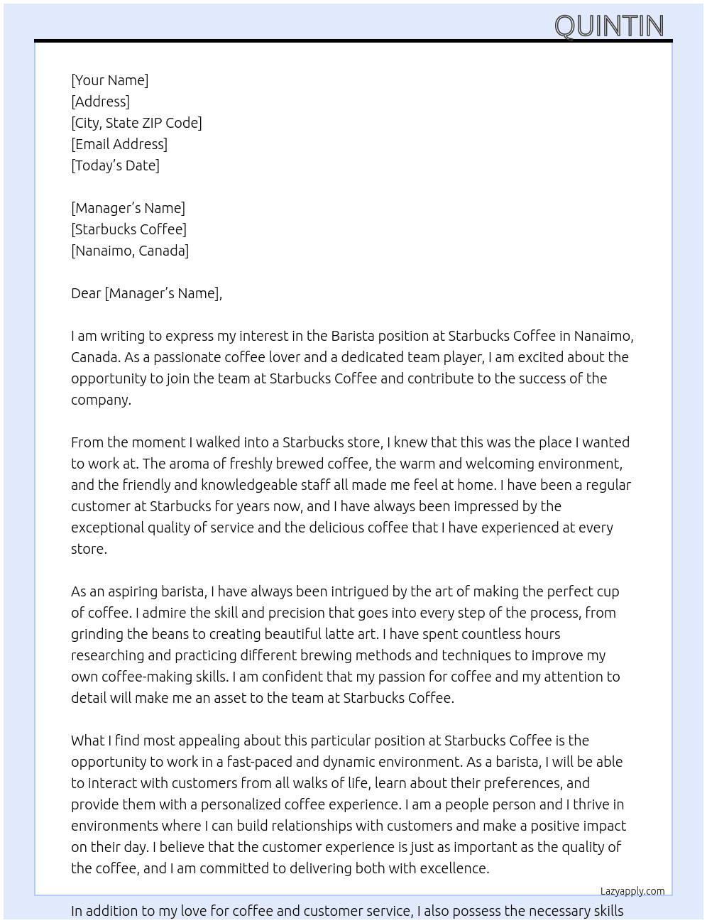 Barista At Starbucks coffee Cover Letter