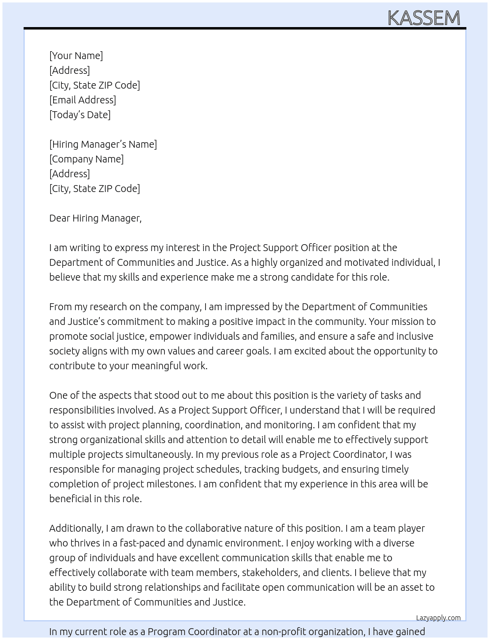 Project Support Officer At Department of Communities and Justice Cover Letter