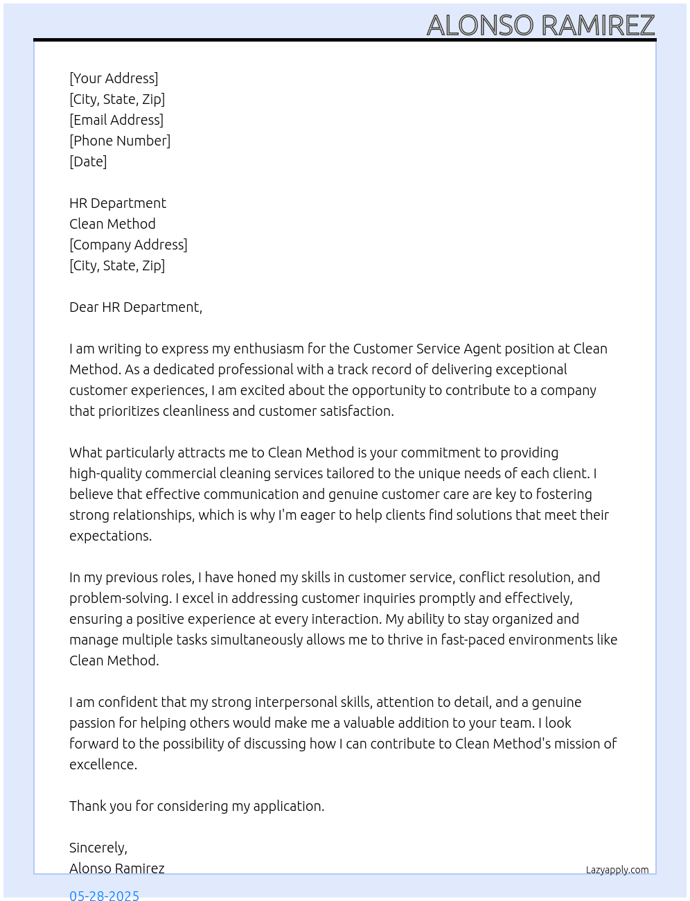 Customer Service Agent for Commercial Cleaning Company At Clean Method Cover Letter