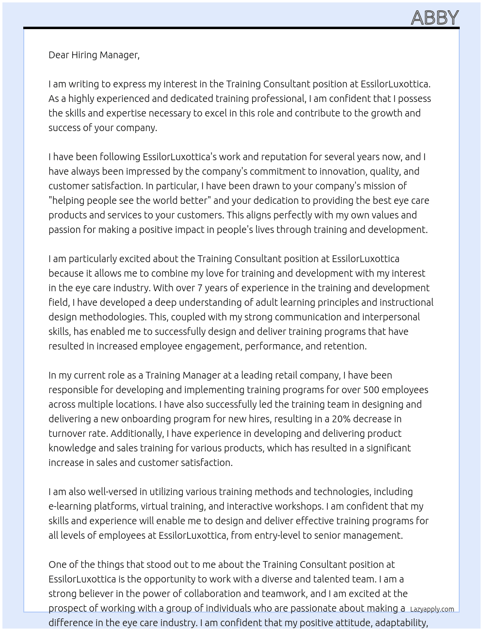 Training Consultant At EssilorLuxottica Cover Letter