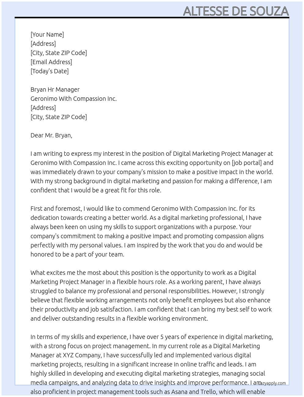 Digital Marketing Project Manager At Geronimo With Compassion Inc. Cover Letter