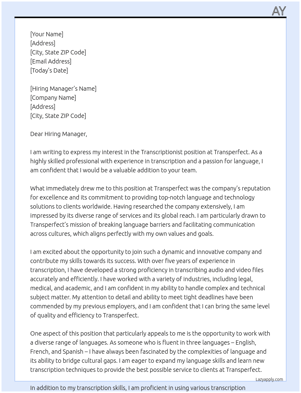 Transcriptionist At Transperfect Cover Letter