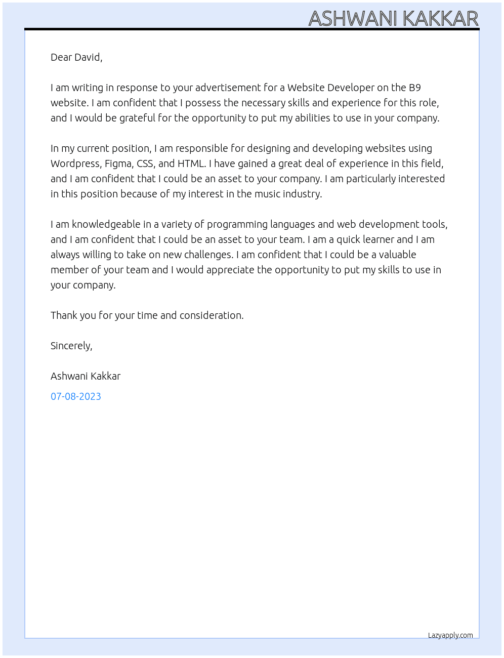 Website Developer At B9 Cover Letter