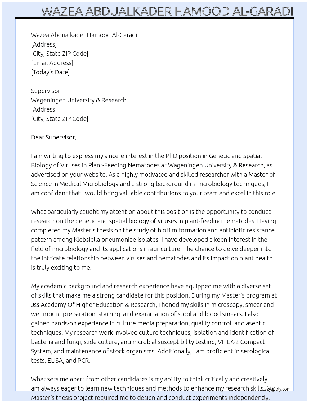 PhD position in PhD position - Genetic and spatial biology of viruses in plant-feeding nematodes At Wageningen University & Research Cover Letter