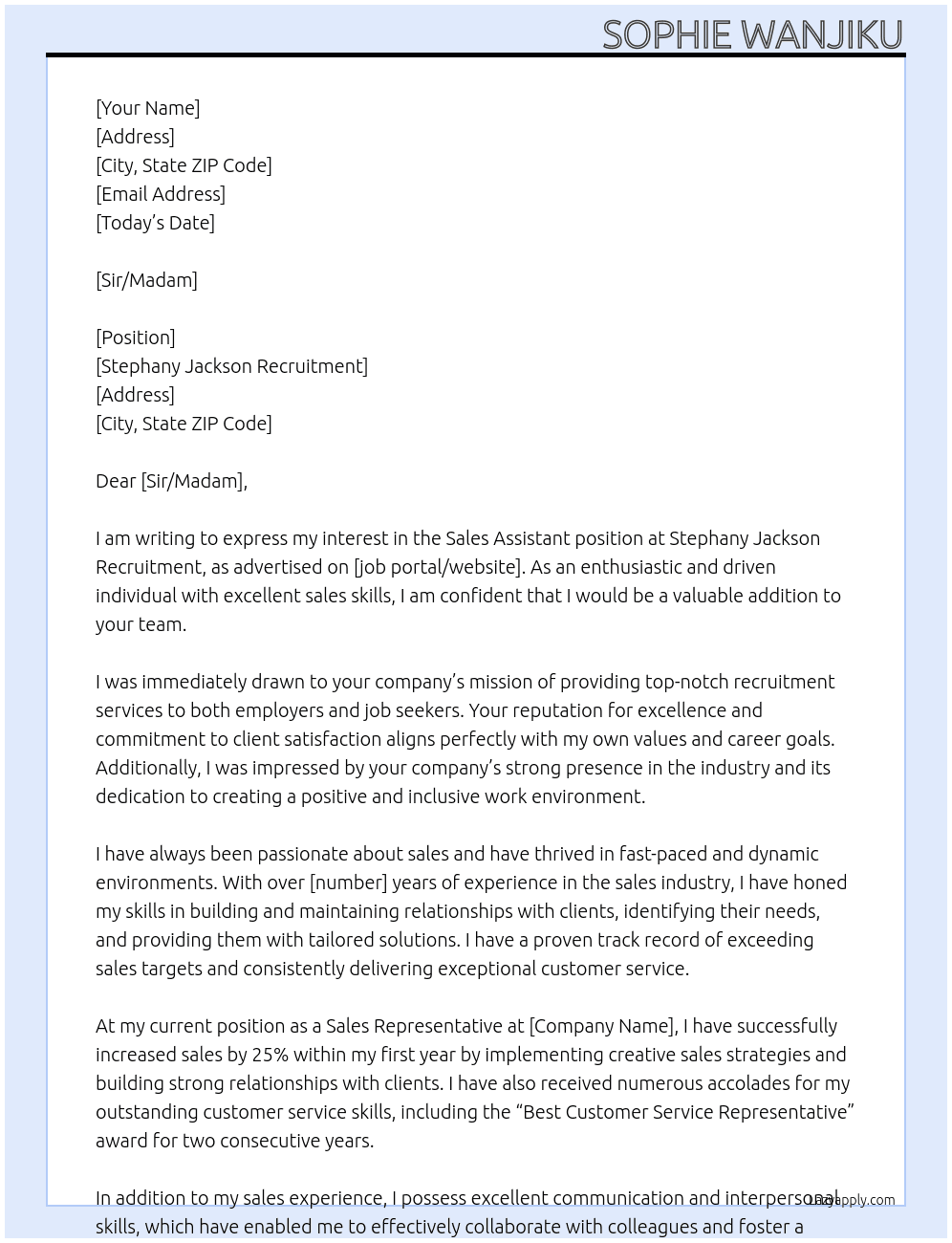 Sale Assistant  At Stephany Jackson Recruitment Cover Letter